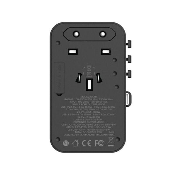 شاحن سفر تيار متردد 1-وورلد 70 واط GaN ب 3 منافذ وكيبل USB-C مدمج من Momax | أسود شاحن سفر تيار متردد 1-وورلد 70 واط GaN ب 3 منافذ وكيبل USB-C مدمج من Momax | أسود